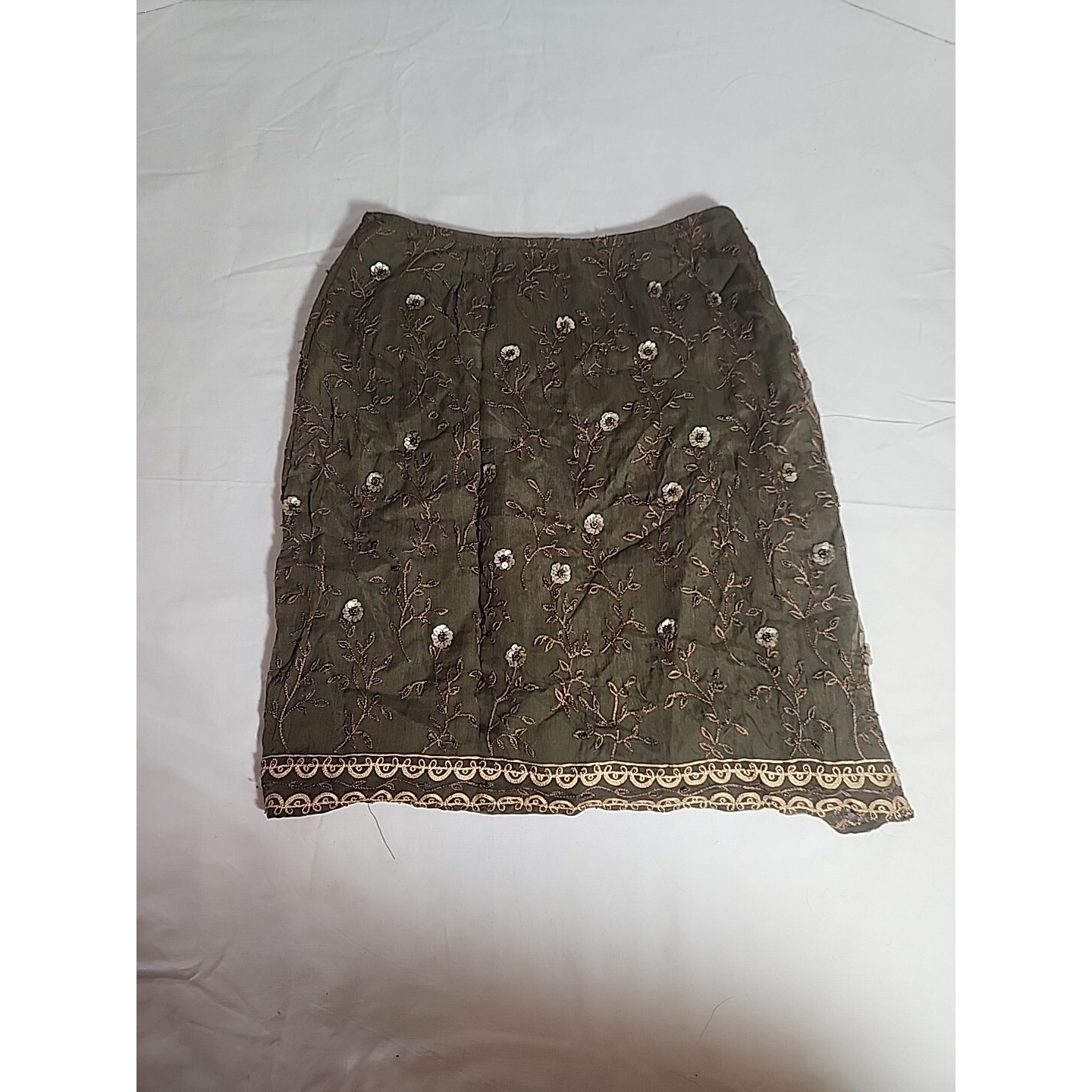 Express Skirt Womens 5 Green Embroidered Beaded Sequin Silk Boho Vintage